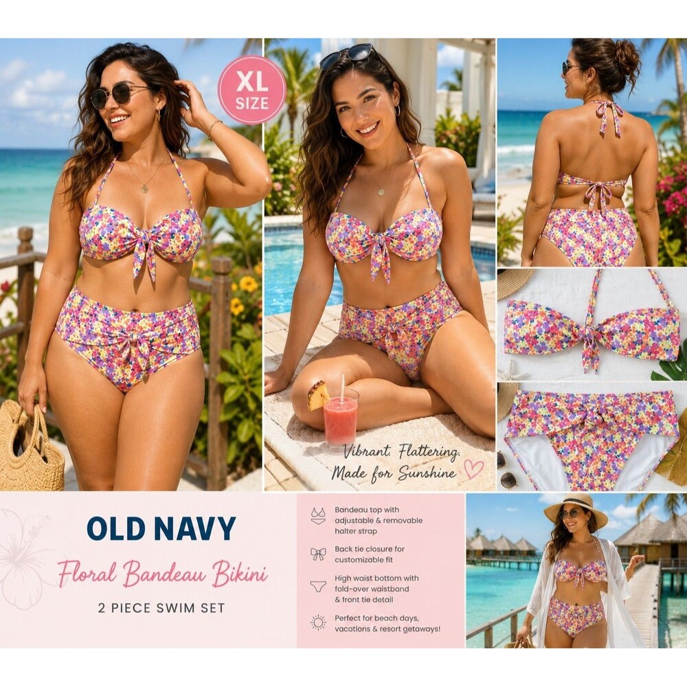 Old Navy Women XL Floral Bandeau Bikini Swimsuit 2 Piece High Waist Cottagecore
